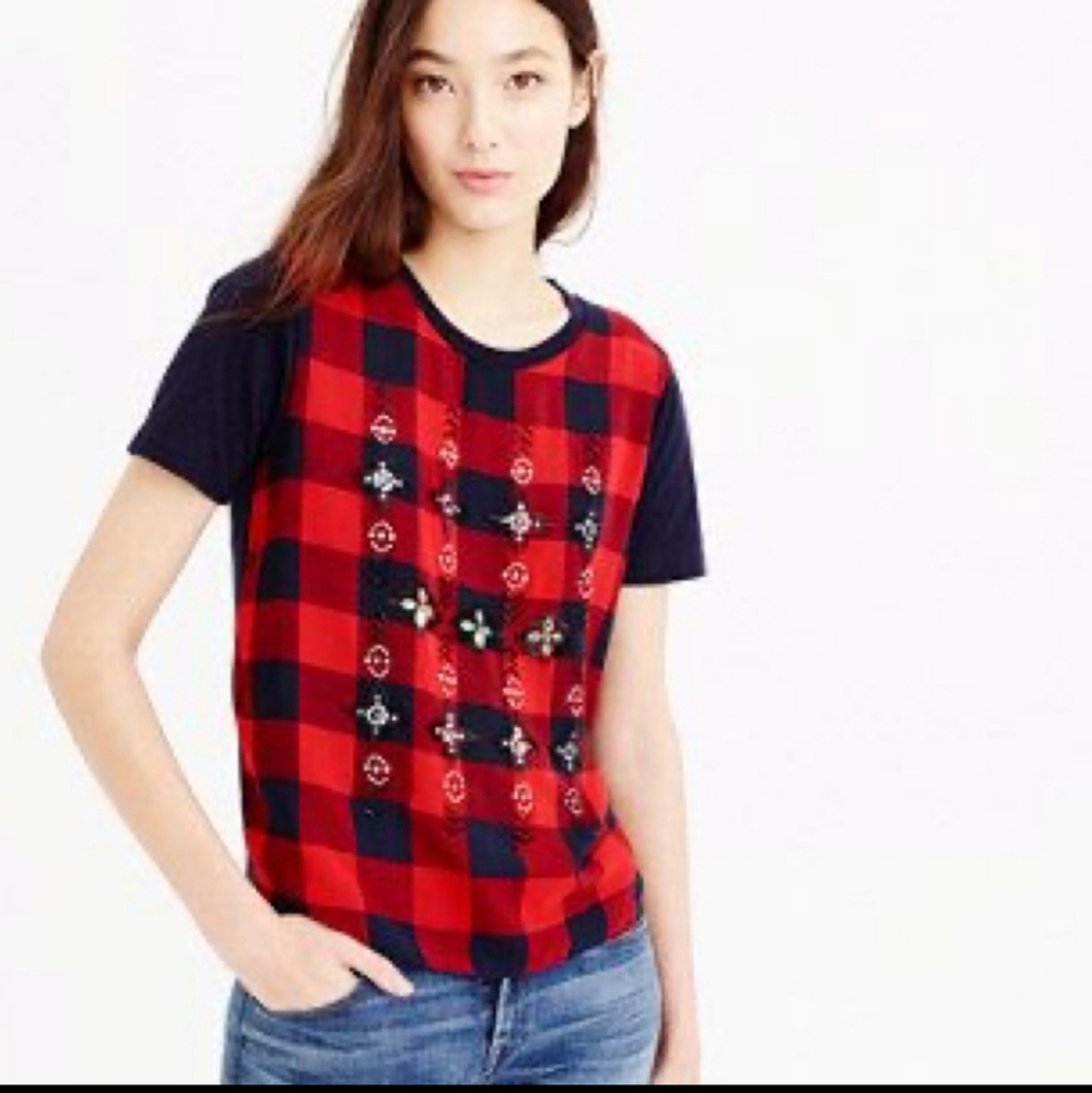 J. Crew Embellished Plaid Tartan T-Shirt/ Tee, XXS